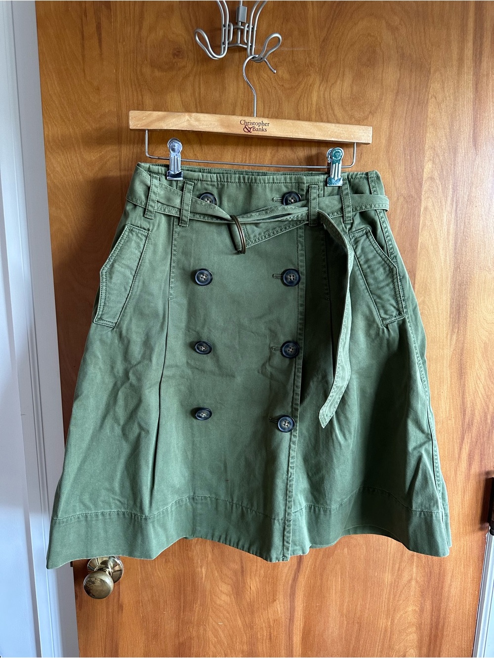 J. Crew Olive Green Double-Breasted A-Line Skirt with Waist Tie